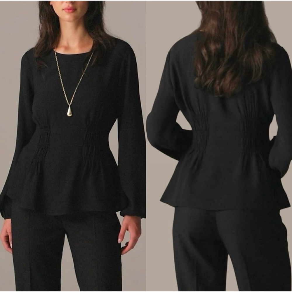 J. Crew Black Long Sleeve Shirred Waist‎ Peplum Blouse Women's Size 4